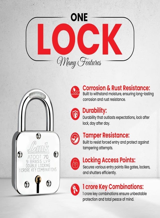 Link® Atoot 70mm | 1 Crore Key Combinations | Steel Body | Hardened Shackle | 9 Brass Lever | Made in India | Each Padlock with 3 Silver Keys (Pack of 2) - Image 2